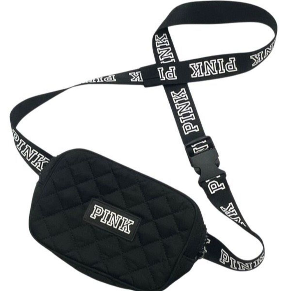 PINK Victoria’s Secret Crossbody Bag Black Quilted‎ Logo Strap Small Zip Purse